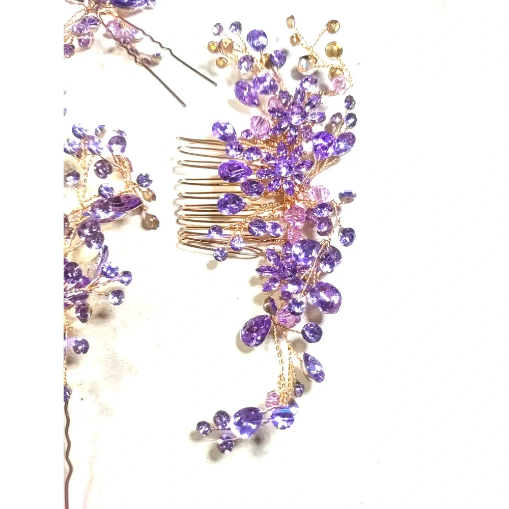 Barrettes Hair Picks And Combs Gold Tone Purple Rhinestone Fancy Party Prom...